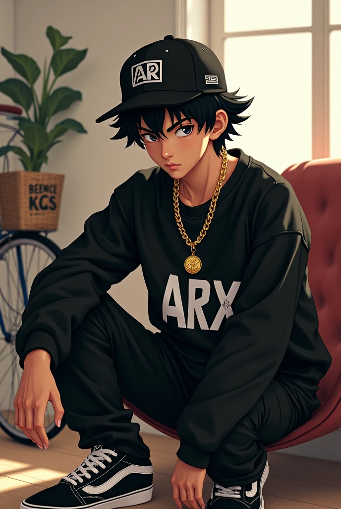 Teenage Goku, hip hop style cap on head, black eyes, listening to music, sitting in a room with white walls with black furniture and bright lights, slave chain with the initial Arx in gold, Loose black sweatshirt with a print in the center written ARX in white, long black pants and Nike Vans-type sneakers, interior, soft light, relaxed pose, in the background a Baker bicycle, realist, warm colors, by Greg Rutkowski, by Alphonse Mucha