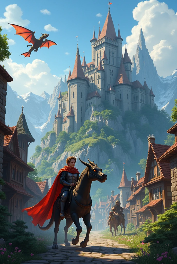 A group of players in a medieval village in a world with dragons as their currency and many other mythological creatures in minecraft in an epic adventure with an epic castle on the mountain with dragons surrounded by players riding dragons