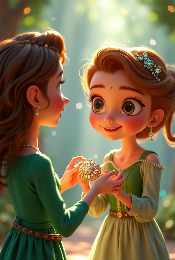 / imagine Liora presenting a glittering pendant to Elara, who is holding it with a joyful expression.".""19.:6 
 cartoon character with green dress