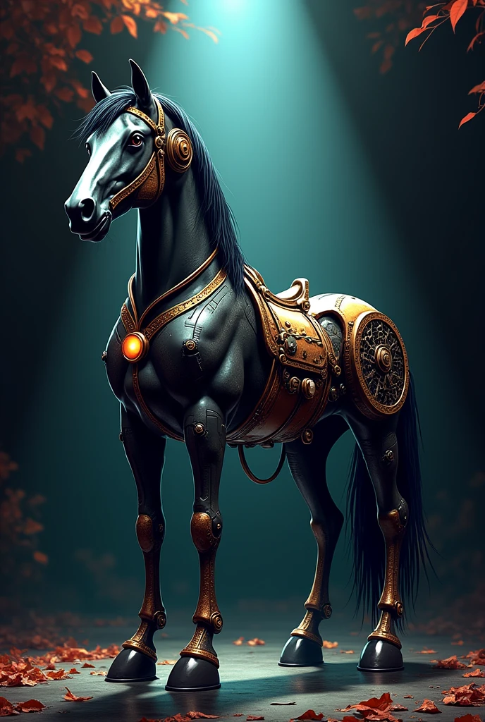 Cute fantasy horse,black Background,spotlight,comic,Steampunk,
, bokeh,outlines,Pop Art stil,urban, autumn 