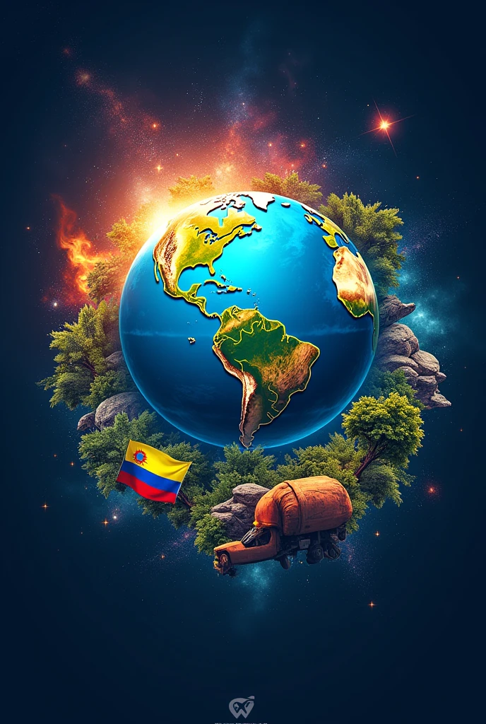 Logo universe,planet Earth, GAS VEHICULAR, fire,trees,plants,flags of countries colombia