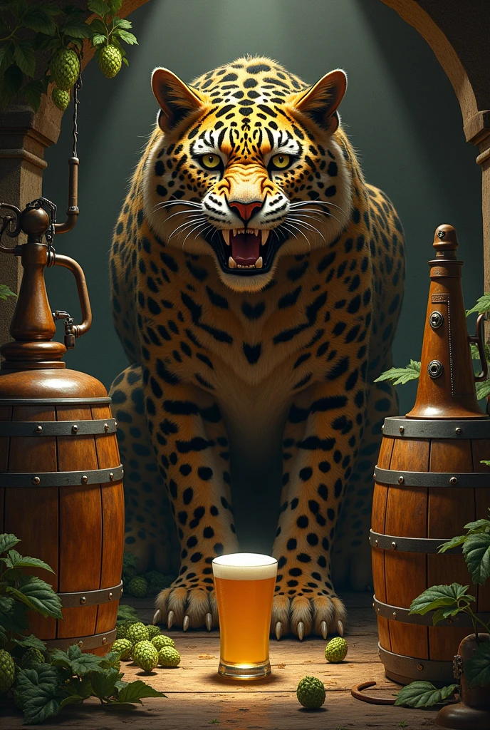 History of craft beer making machines with hops and barrels with mythological jaguar god 
