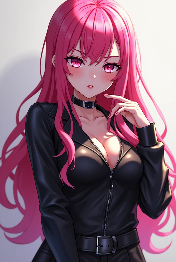 An anime girl with long pink hair, sharp nose, oval face, long-sleeved clothes with a leather shirt, with a provocative, seductive look like a preppy girl, a free fire player by profession.