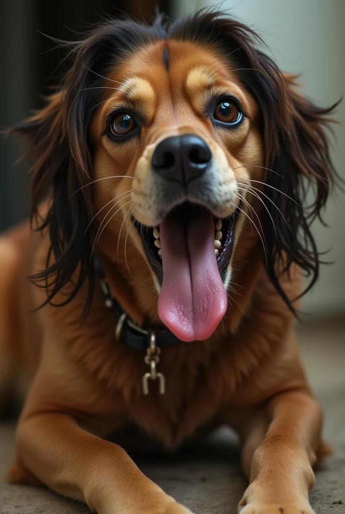 big tits women crawling while sticking her tongue out and spit is dripping down her tongue and she wearing a collar dog