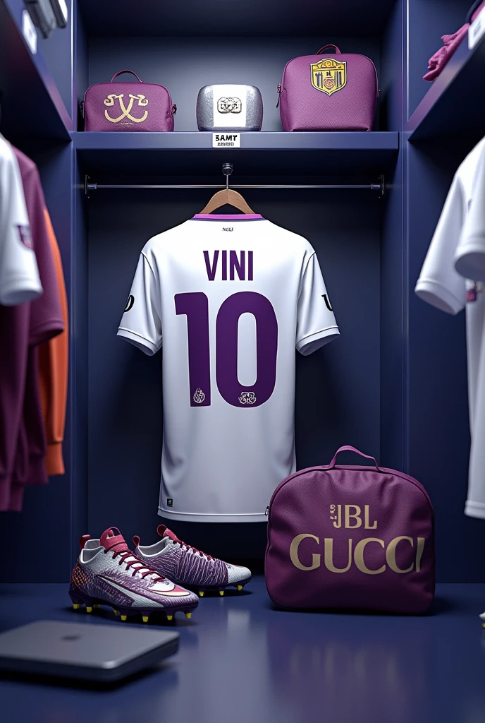 football locker room with a football player's cabin ( There should be no person in the image) In this cabin there will be a white shirt with purple details on the collar and sleeve. The shirt must be showing the back with the name VINI highlighted and the shirt number must be number 10., must have a pair of nike tiempo legend 9 cleats, the cabin at the top must contain the name of the club which is GALADOS CITY, next to the boots there should be a jbl ( Bluetooth Speaker, Pulse 5, Laptop with Light Show) and a black Gucci boot bag