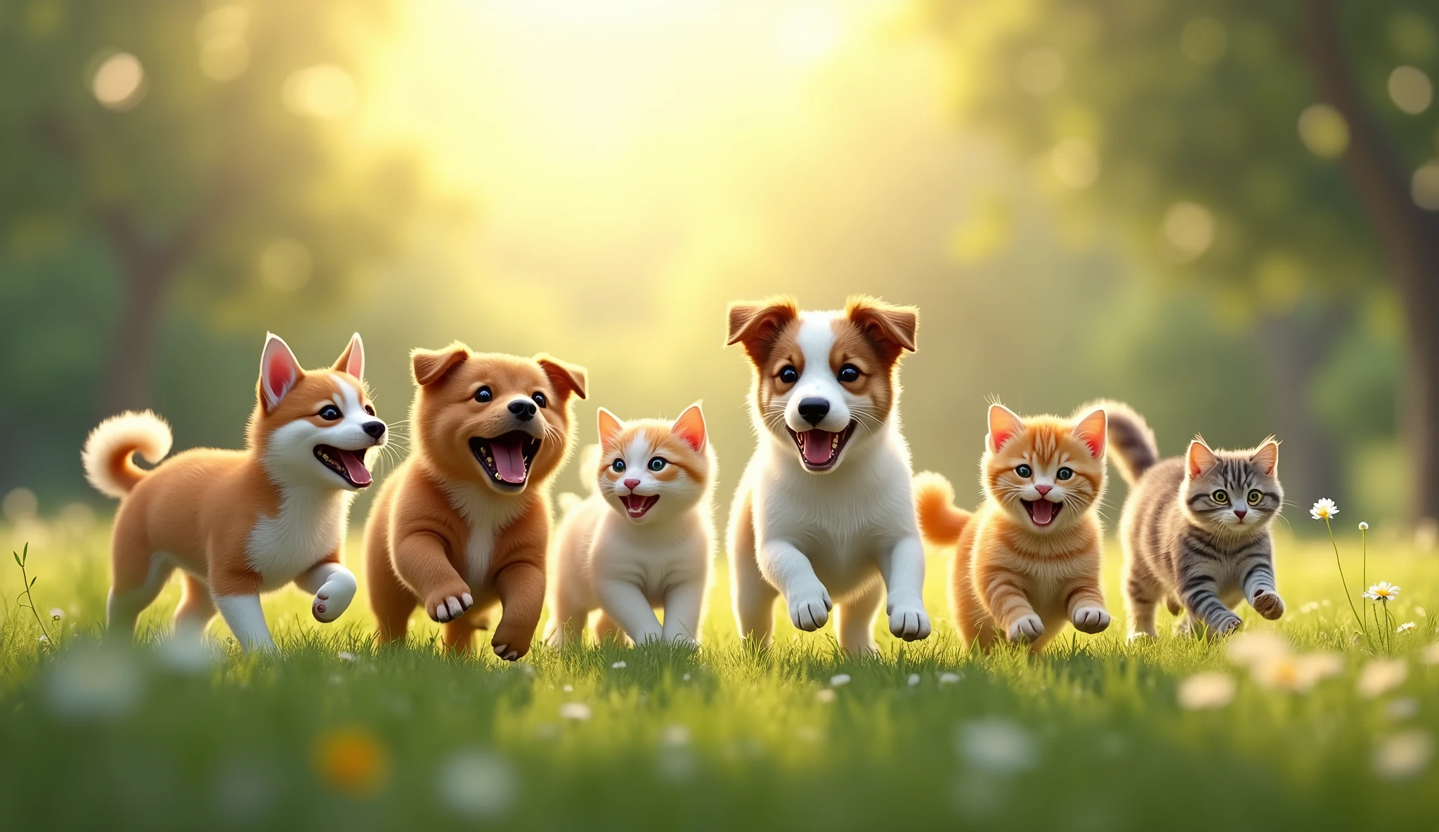 bright morning Light, meadow setting, animals, three dogs (playful_and_interacting_naturally), five cats (agile_and_active), detailed features, (Realistic fur, eyes, ears, and tails),joyful interaction, animals playing together, showing camaraderie and happiness, various playful poses, joyful expressions, ultra-realistic, high-quality visuals, precision in rendering individual strands of fur, whiskers, and blades of grass, landscape orientation, wide scene capturing the group of animals and the surrounding meadow, soft morning light, bright, soft light highlighting the animals and setting without harsh shadows, calm, peaceful, joyful mood evoking tranquility and happiness.