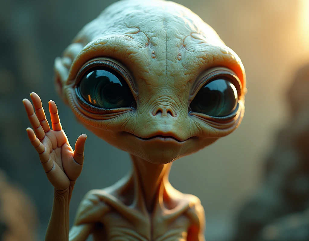 A hyper-realistic 4k alien, waving with large detailed expressive eyes, highly detailed, cinematic lighting, volumetric fog, dramatic composition, photorealistic, intricate details, vibrant colors, seamless blending, masterpiece