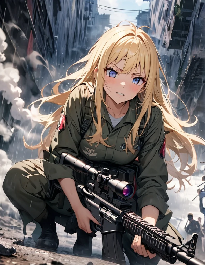 (anime)、(masterpiece:1.2),Atmospheric perspective,Lens flare、Fog of Battlefield、, Makes the world look grey、When it rains, The female soldier is crouching.。With an irritated look on his face, he vows revenge..。Rain-soaked hair、blonde、blue eyes、Space Battleship Yamato、Traces of fierce fighting are everywhere、Smoke rising from everywhere、A work of blurry color M4 Carbine,Possession of a gun