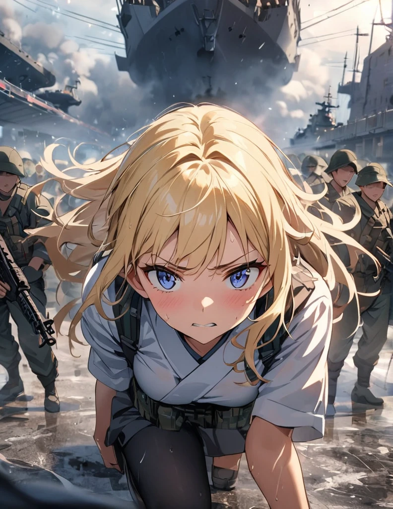 (anime)、(masterpiece:1.2),Atmospheric perspective,Lens flare、Fog of Battlefield、, Makes the world look grey、When it rains, The female soldier is crouching.。With an irritated look on his face, he vows revenge..。Rain-soaked hair、blonde、blue eyes、Space Battleship Yamato、Traces of fierce fighting are everywhere、Smoke rising from everywhere、A work of blurry color M4 Carbine,Possession of a gun