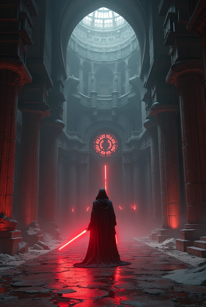 Inside of An ancient Sith temple from Star Wars, old dark books, tombs ans books, majestic, dark atmosphere, frightening, scary, red lightsaber, ultra-realistic