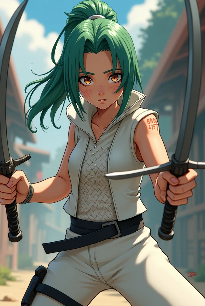 Animated ninja 2d style features naruto shippuden, Teenage female with greenish hair and freckles and white ninja outfit with fishnet vest and with sharp weapons, Brown eyes