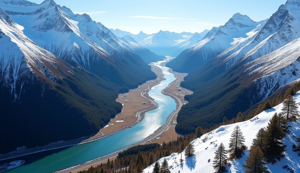 Mt Hutt, New Zealand: Aerial view of the Rakaia river and gorge near Mt Hutt in Canterbury in New Zealand south island on a sunny winter day.