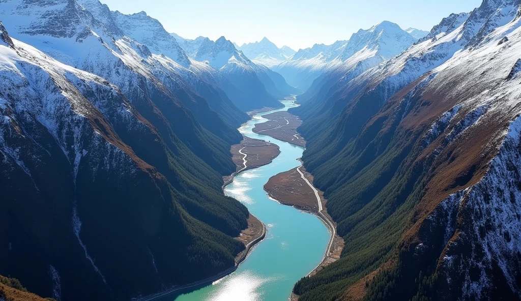 Mt Hutt, New Zealand: Aerial view of the Rakaia river and gorge near Mt Hutt in Canterbury in New Zealand south island on a sunny winter day.
