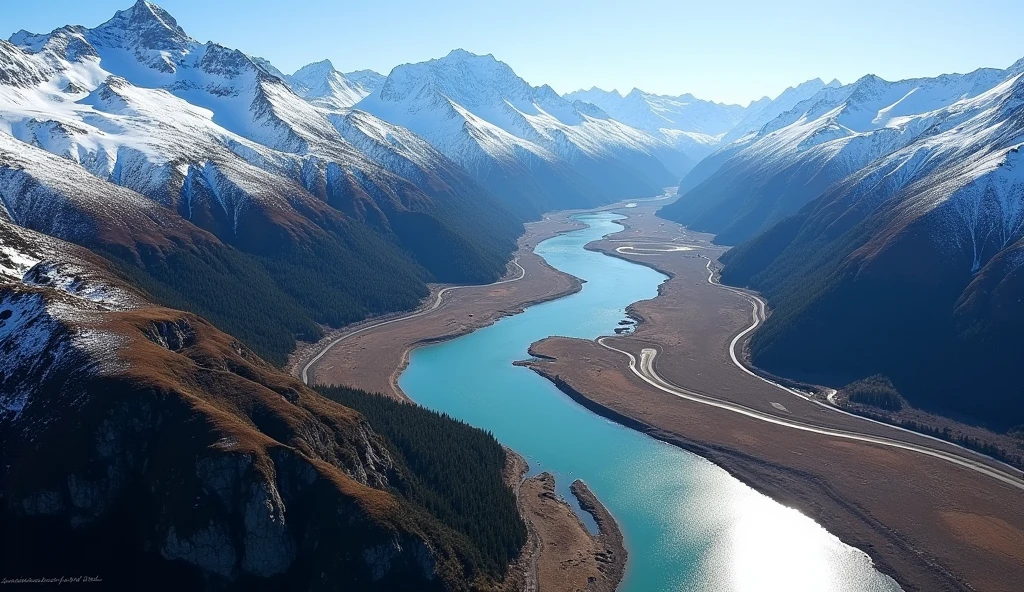 Mt Hutt, New Zealand: Aerial view of the Rakaia river and gorge near Mt Hutt in Canterbury in New Zealand south island on a sunny winter day.