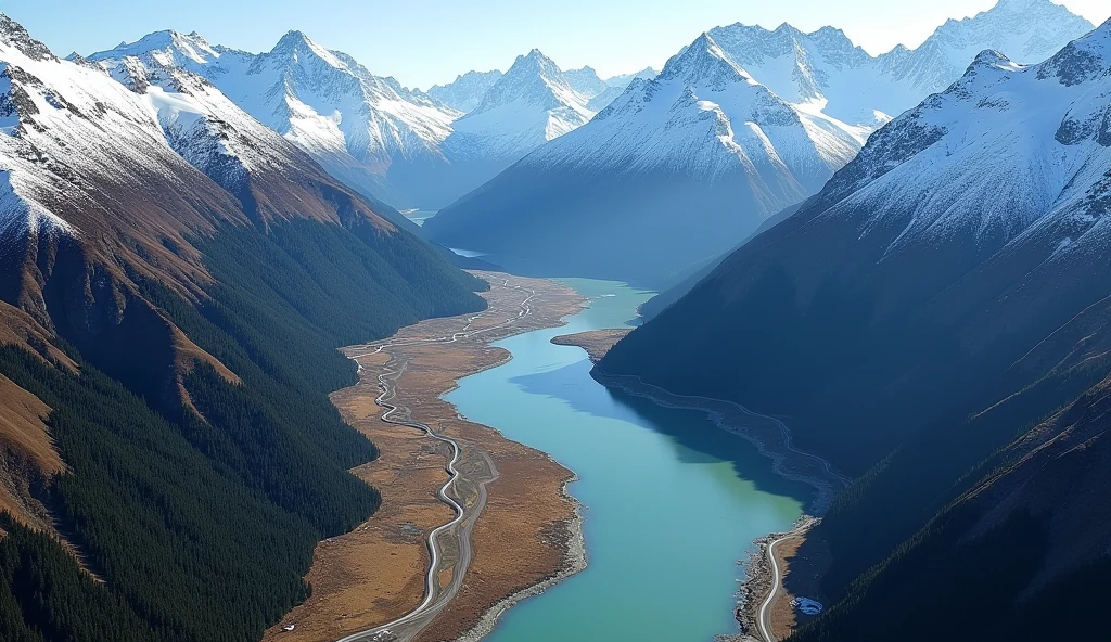 Mt Hutt, New Zealand: Aerial view of the Rakaia river and gorge near Mt Hutt in Canterbury in New Zealand south island on a sunny winter day.