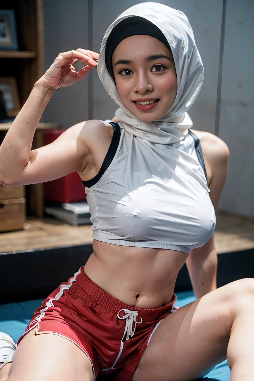 (8K, Raw foto, Best Quality, Cute face, Masterpiece:1.2), Hight Detail TAW Color Photo, professional photograph, (realisitic, Realistis:1.37), (Best Quality)), Cinematic light, (finerly detailed face:1.2), (Masterpiece:1.5), (Best Quality:1.2), (Bokeh:1.2), 35 mm:1.25, Wide Angle, High Angle:1.2, glamour shots, portrait photos, 1 Girl, 19-year-old athlete, Solo, White skin, Cute, Detailed skin texture, sparkly skin, detailed beautiful and delicate face:1.3, Athletic Sportswear, Padded Crop Top, Big natural breasts, a narrow waist, large pelvis, wearing hijab, Random hairstyle, Smiling:1.2, She is hot and sweaty, Exercising in the gym, (Short, tight-fitting shorts:1.5), armpit, bare shoulders, arm up, looking at camera, chubby body