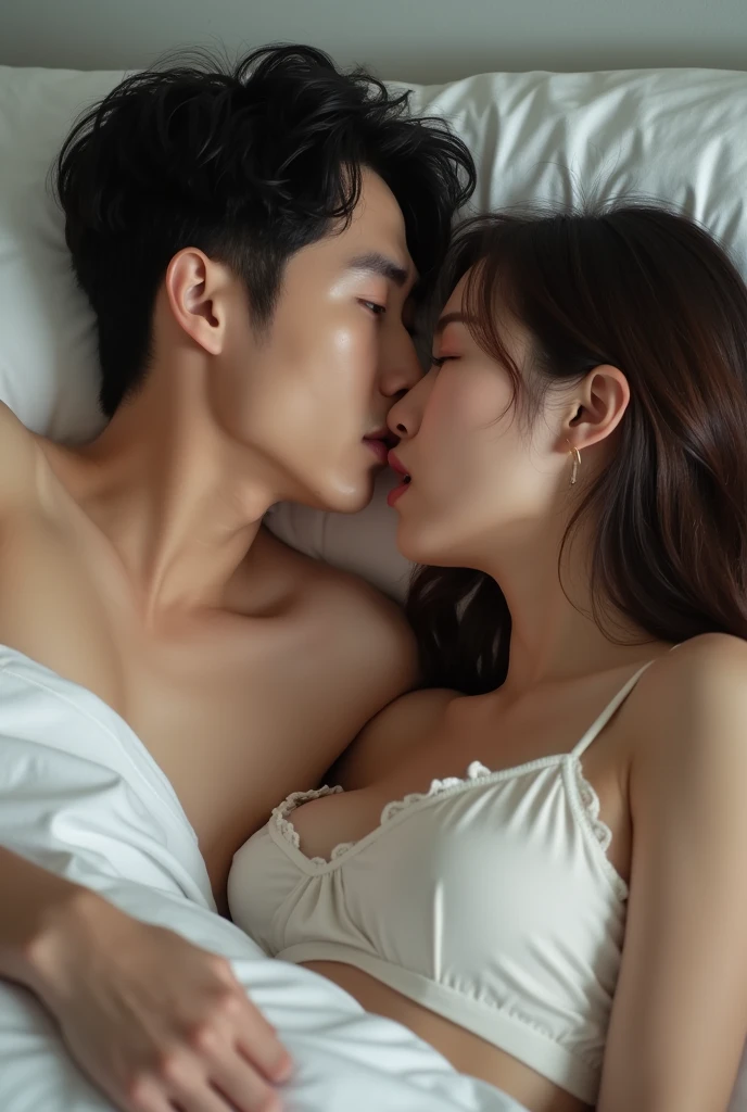 An 18-year-old Asian man and an 18-year-old Asian woman are resting in bed., She is kissing lips, Cool backgrounds, Without clothes,Beautiful Skin,