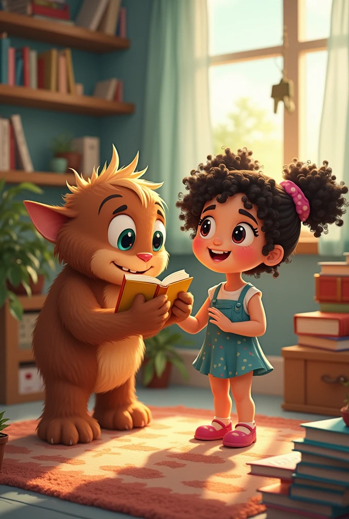Create an image for story books
Together, they embarked on fun adventures, from reading stories to exploring the neighborhood, proving that monsters could be friendly . Can you make a girl character and moster Benny was a brown coular