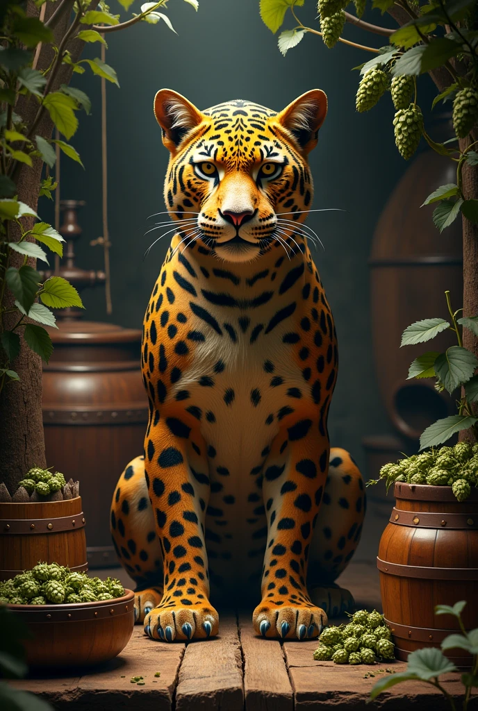 History of craft beer making machines with hops and barrels with mythological jaguar god 

