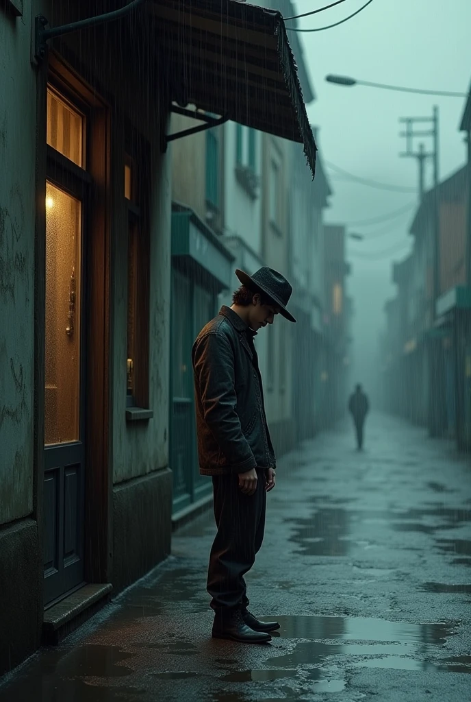 Boy in depression wearing hat stand next to old wine shop and heavily raining