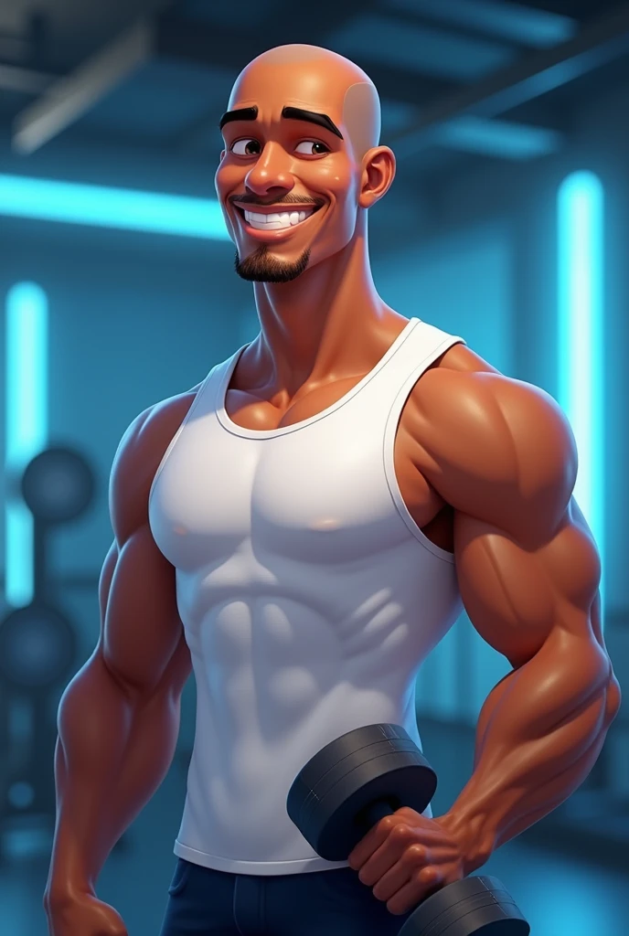 logo coach Lucio Pixar-style cartoon logo promoting logo Coach Lucio an 18-year-old bald brown skin color man smooth brown skin, and a bright, confident smile, wearing a crisp white tank top, holding dumbbells, gym background with subtle neon blue accents, evoking a sense of energy, strength, and motivation, toned physique