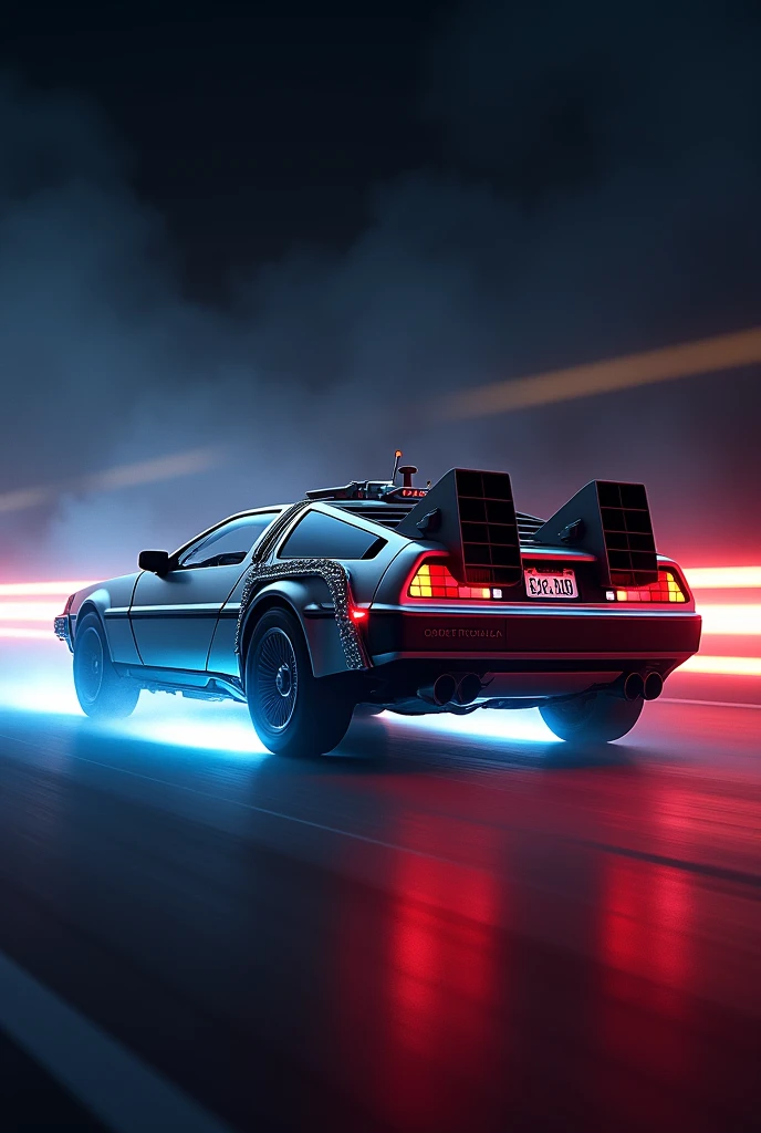 Delorean\(back to the future\(movie\),((glowing blue)),realistic texture\), at night, (beautiful (red fire line:1.5) behind Delorean's wheel), ((shallow depth-of-field)), (bokeh), (lens flare), sharp focus,,(dynamic angle:1.5),award winning photo, beautiful photo, very exciting racing photo,beautiful background