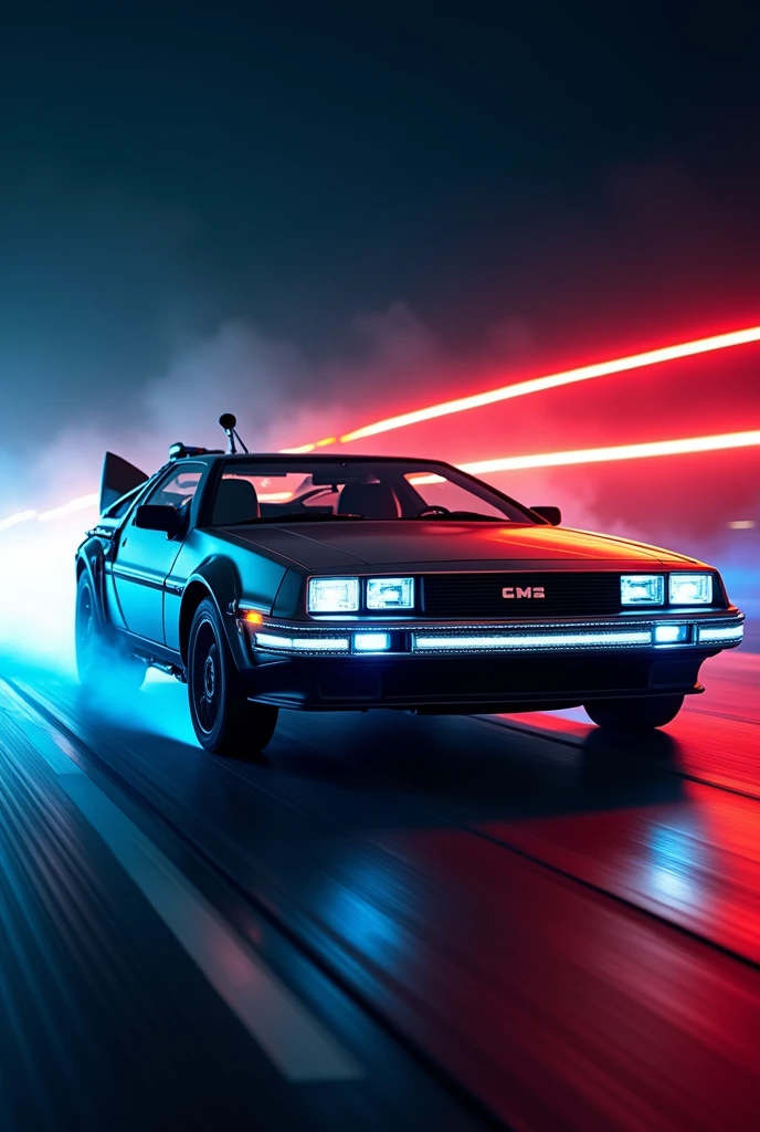 Delorean\(back to the future\(movie\),((glowing blue)),realistic texture\), at night, (beautiful (red fire line:1.5) behind Delorean's wheel), ((shallow depth-of-field)), (bokeh), (lens flare), sharp focus,,(dynamic angle:1.5),award winning photo, beautiful photo, very exciting racing photo,beautiful background