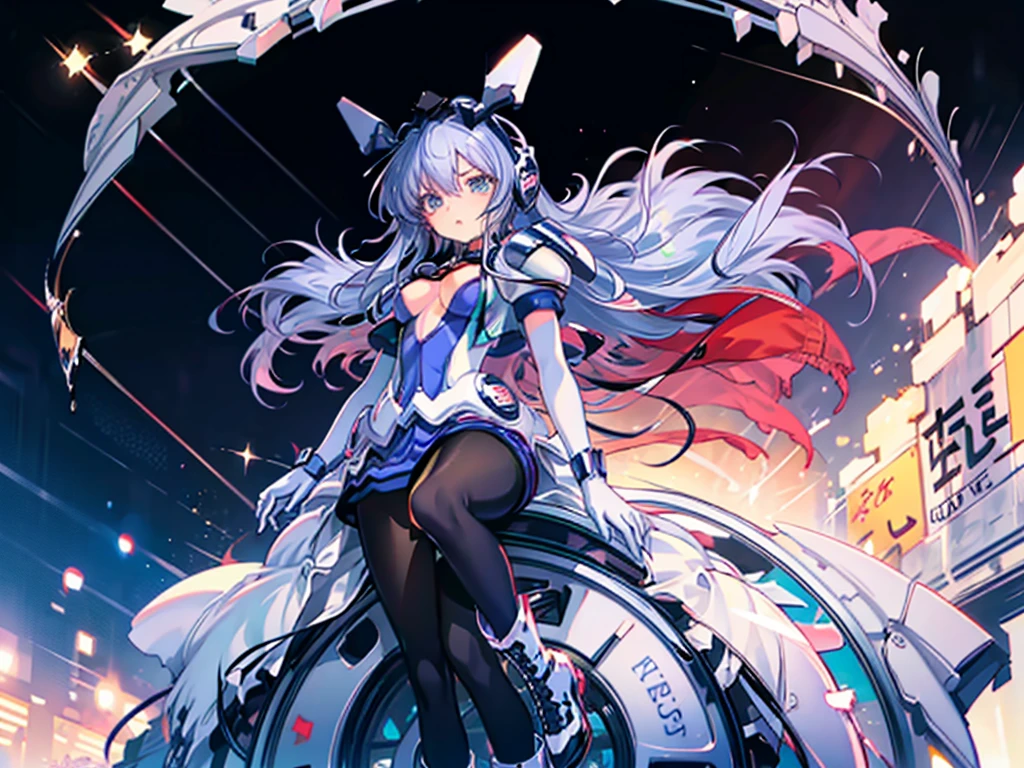 Highest quality，symphony_sugar,Light blue hair,Dark blue eyes,hair ornaments,Long Hair,White Long_gloves,light blue short dress,Black Pantyhose,High heels, ,Show me your boots，gloves，elegant, 1 person, cute, Blushed, Looking at the audience, From below, prison，Beautiful Eyes, Beautiful background, Particles of light, Light of the sun, Dramatic lighting, outside, Shiny, Realistic, Highest quality, Very detailed, Get used to it, scenery, Beautiful and detailed, Thin Hair，Full Body Shot，