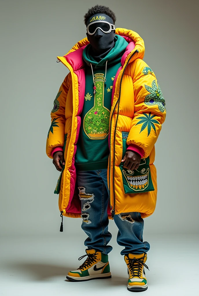 design a 3d puff coat with vibrant stoner clothes. the middle of the puff coat is a anti-gravity bong character with indica floating inside. design matching jeans and t-shirt for the hoodie. design a matching skimask, and create stylish shoes to fit the theme. taylor this to the african american community
