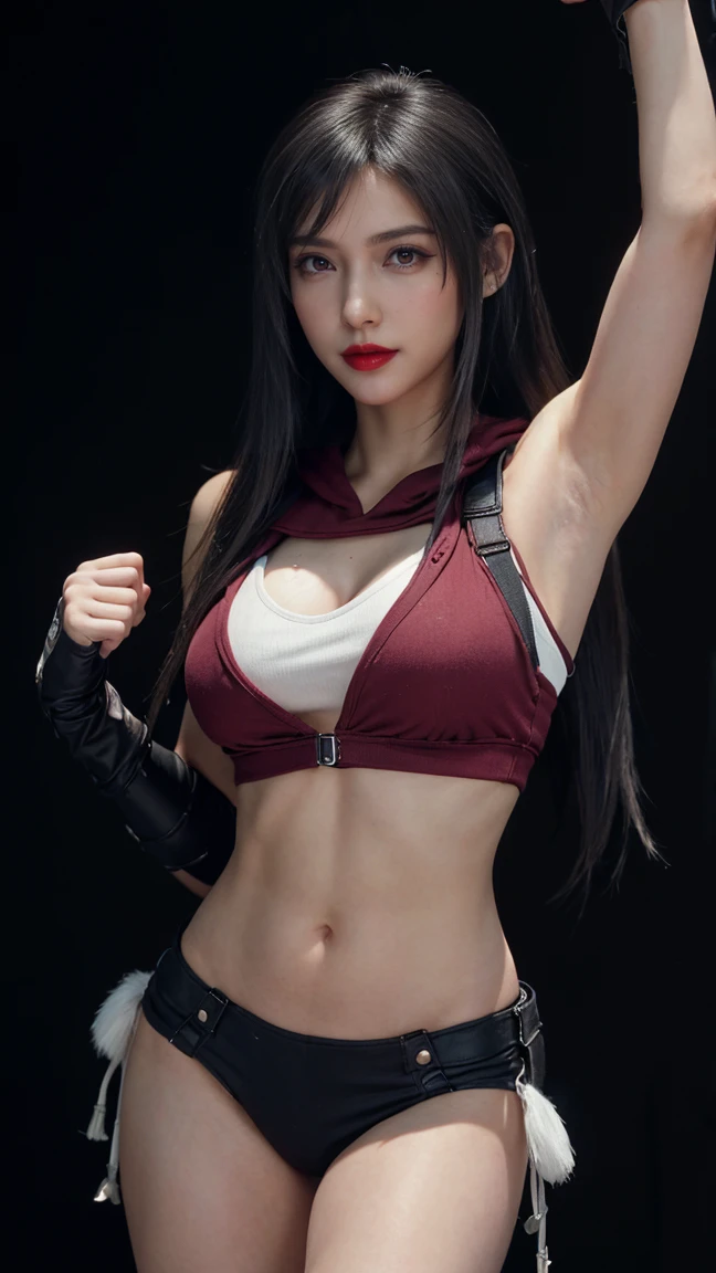 8k, Highest quality, Intricate details, Super detailed, Ultra-high resolution, masterpiece, Close-up shot, (whole body: 1.1), thin, smile, (compensate: 0.4), (walking), (fluffy eyes: 1.21), ((bangs)), One girl, alone, 1 Girl, (((Red eyes, Black Hair, bangs, Long Hair)), ((Tifa,Tifa・Lockhart,Final Fantasy 7,FF7,L)), Close-up shot, , ((expensive)), (((Healthy Body))), (((Slim face))), Sharp Face, (( hoodie,)) , (Detailed face), Sharp Face, Small lips, ( walking), Walk Pose, walking pose, ((, )), , ((,)), Detailed face, Detailed chest, Large Breasts, (( )), Detail ass, Tight waist, skinny, expensive , 175 cm expensive, muscular, belly button, Exposed belly, Pointed Chest,Beautiful one with toned thin abs.4, Six Pack Abs: 1.4,, Perfect body, Detailed legs, (( Dark Background)), Black background, (((hands up in the air showing armpits)))