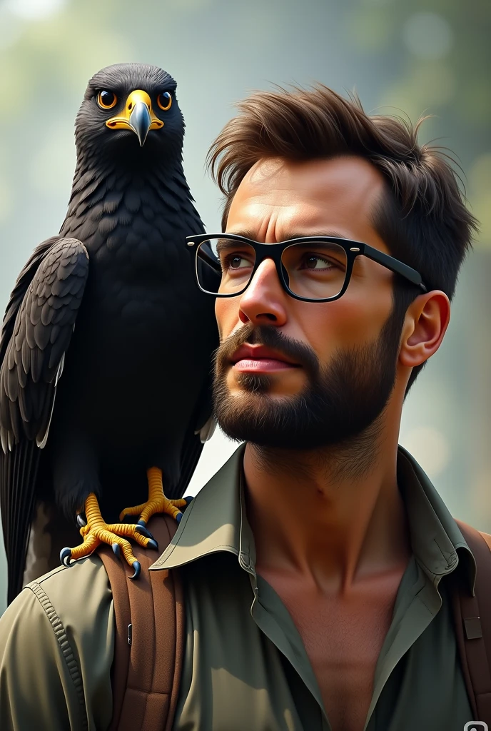 Create an image of a man with a short beard , glasses, with a caracara on his shoulders