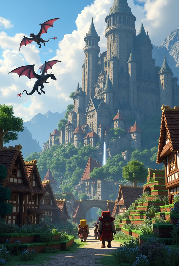 A group of players in a medieval village in a world with dragons as their currency and many other mythological creatures in minecraft in an epic adventure with an epic castle on the mountain with dragons surrounded by players riding dragons in minecraft