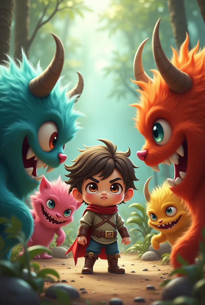 The cute little hero quarrels with the cute monsters