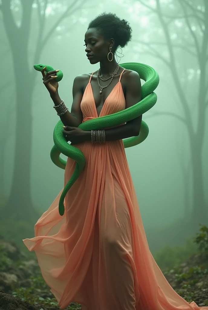 Black woman Orisha, peach colored dress, with a green snake wrapped around his arm in the middle of a fog
