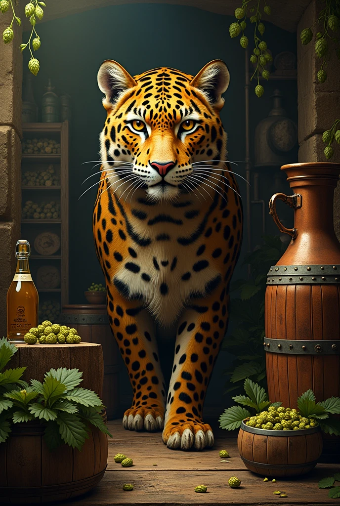History of craft beer making machines with hops and barrels with mythological jaguar god 
