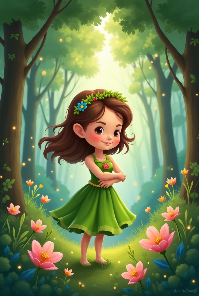 / imagine Elara continued to protect and care for the forest, and the magic of friendship and kindness remained forever in the heart of the woods."".""19.:6
cartoon character with green dress