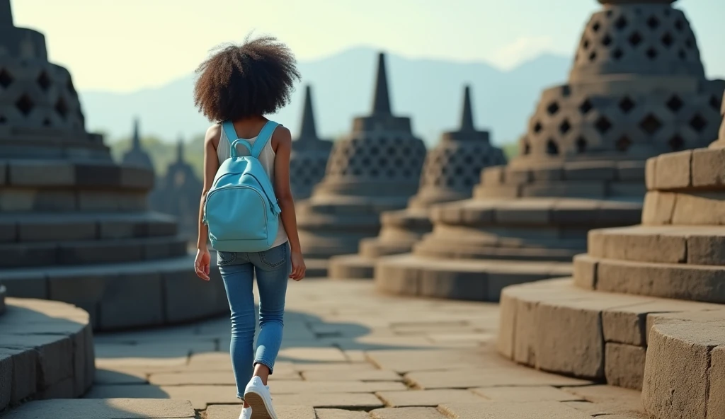 Backside European girl white skin With her shoulder-length curly hair dyed black hair slightly yellowish, With a light blue small sleeveless backpack and a light blue t-shirt and jeans all over legs and white shoes walking around Borobudur tample