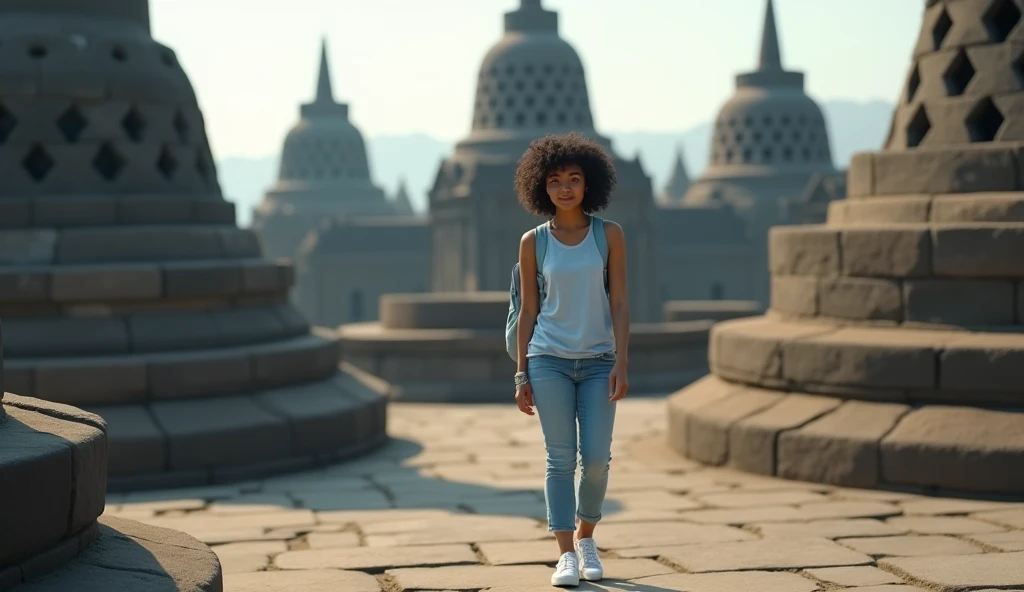 Backside European girl white skin With her shoulder-length curly hair dyed black hair slightly yellowish, With a light blue small sleeveless backpack and a light blue t-shirt and jeans all over legs and white shoes walking around Borobudur tample