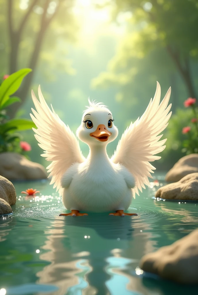 White duck named Pepe in paradise with angel wings