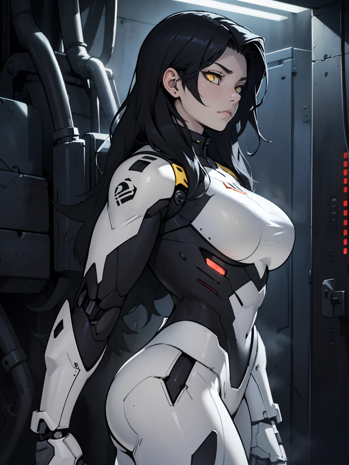 mechanical suit dark atmosphere black hair yellow eyes pale skin muscular girl massive breasts solo muscular body expressionless sad empty eyes cinematic lighting gloomy somber from side long hair hair flaps