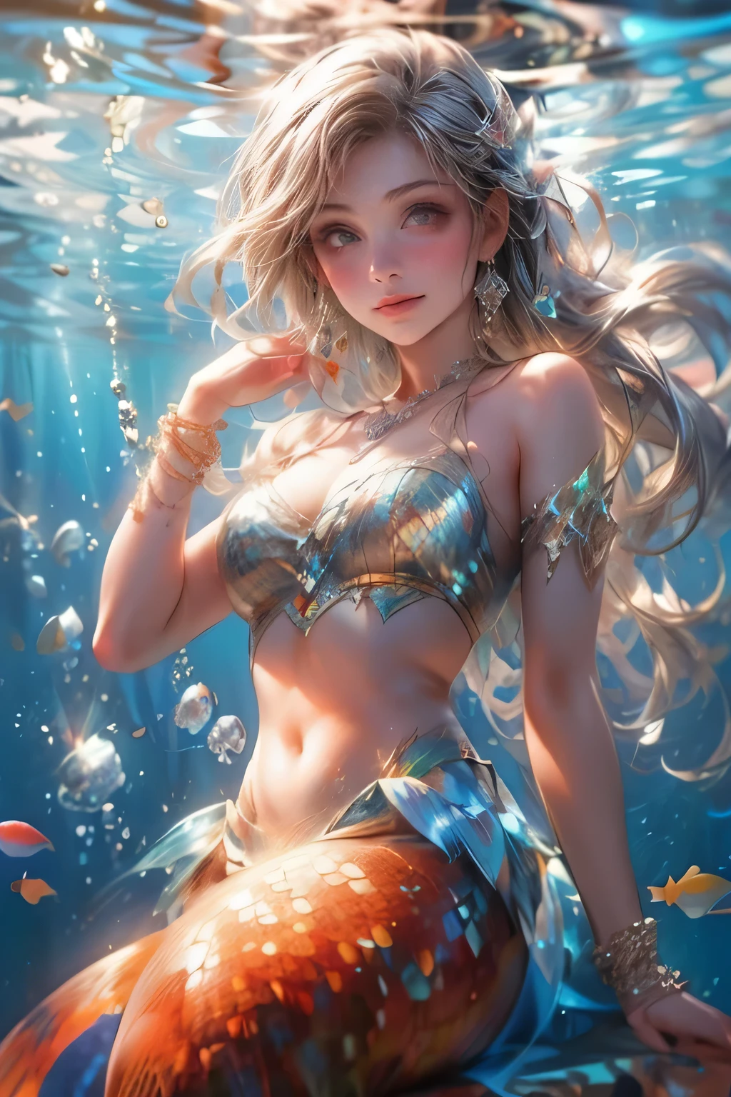 cute mermaid caught by a diamond ring on a fishhook,shimmering scales reflecting the sparkling gem underwater with curiosity and .