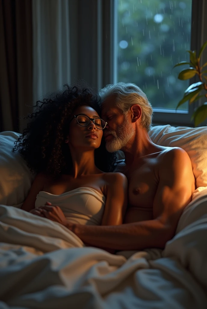 (photorealism:1.2), Beautiful dark skinned woman with Curly hairs and eye glasses, Lying Nude on Bed covered in Bed sheets, Making Love with a Old Man on bed, Dim light in the room, Rain pouring outside the window.