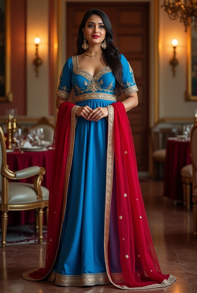 (8k, RAW Photos, Highest quality, masterpiece: 1.2)、Very detailed、Super Resolution、(Full body photography)、Natural color lip、Heavy eye makeup、(Indian female wearing blue and red salwaar kurta 1.2), Gorgeous Accessories、Straight Hair、34C cup breasts(Background of a royal banquet hall with luxury view1.2)、(Dynamic Sexy Pose 1.2)、(Gorgeous Theme 1.2)、(With mild elegant cleavage 1.2) Full length photograph, head to sandals length, (Indian female 33 years age), (FULL BODY LENGTH VERTICAL IMAGE).