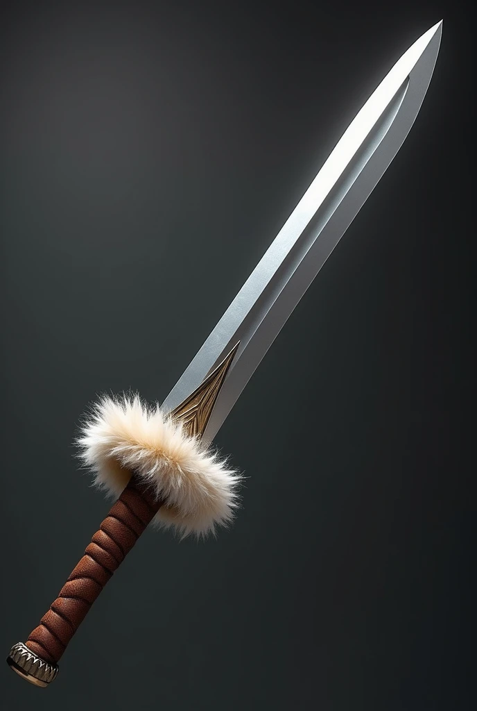 Create a sword with a single-sided blade like a wide-bladed katana, There is some fluff on the hand guard and the handle is made of brown leather