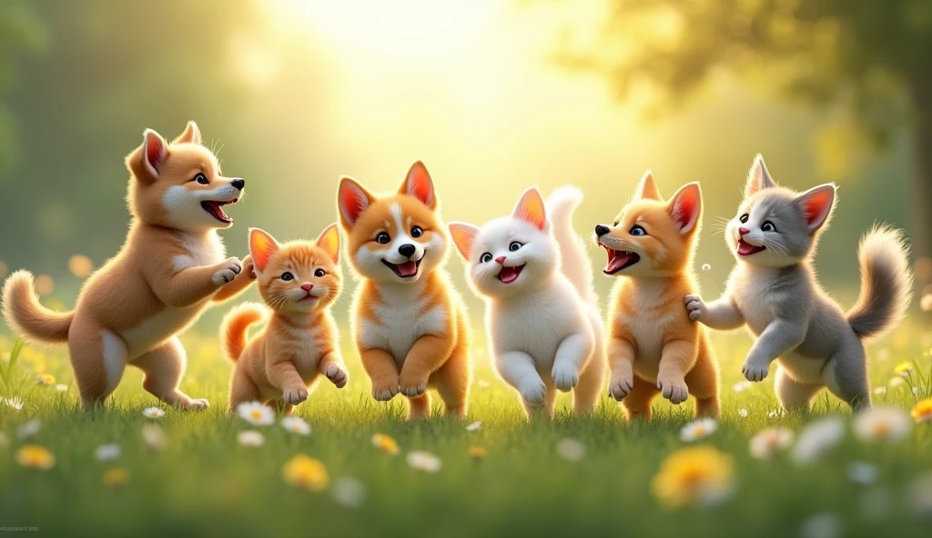 bright morning Light, meadow setting, animals, three dogs (playful_and_interacting_naturally), five cats (agile_and_active), detailed features, (Realistic fur, eyes, ears, and tails), joyful interaction, animals playing together, showing camaraderie and happiness, various playful poses, joyful expressions, ultra-realistic, high-quality visuals, precision in rendering individual strands of fur, whiskers, and blades of grass, landscape orientation, wide scene capturing the group of animals and the surrounding meadow, soft morning light, bright, soft light highlighting the animals and setting without harsh shadows, calm, peaceful, joyful mood evoking tranquility and happiness., UHD, masterpiece, accurate, anatomically correct, super detail, high details, high quality, award winning, best quality, highres, HD, 4K