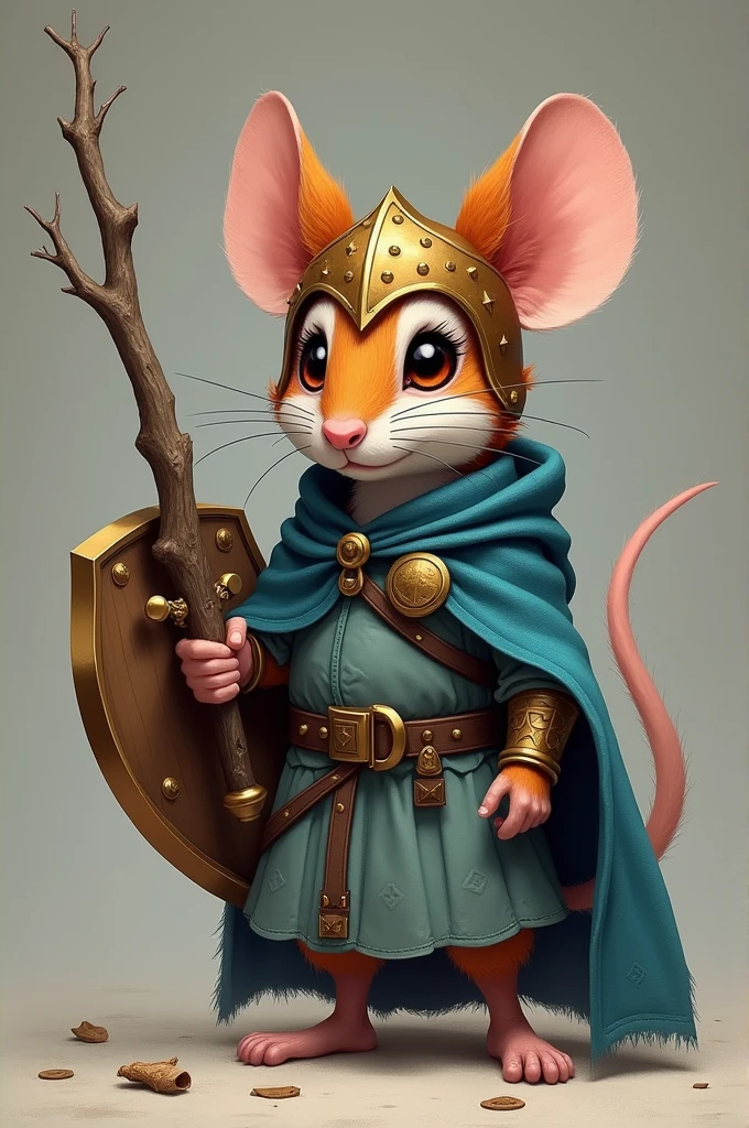Make a Paladin Mouse for RPG, he uses a hazel shield, a sword made of a needle, and a helmet of branches, he wears a blue cape