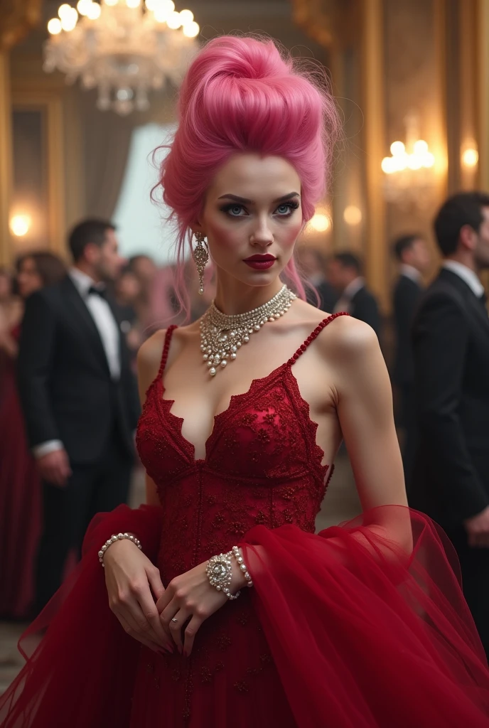 Pink Hair。Glamorous hairstyle。Mysterious and magical purple eyes。Lady in a red dress。Pearl ornaments。Royal Ball。