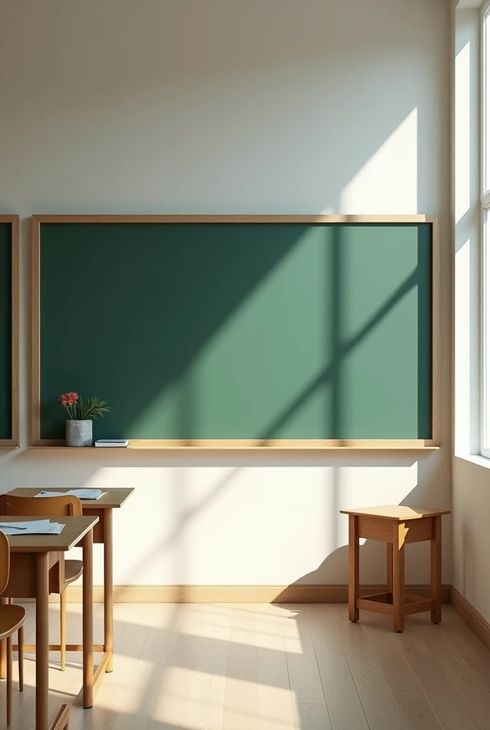A classroom brochure focusing on the blank board shows the room taking away the shadow from the window