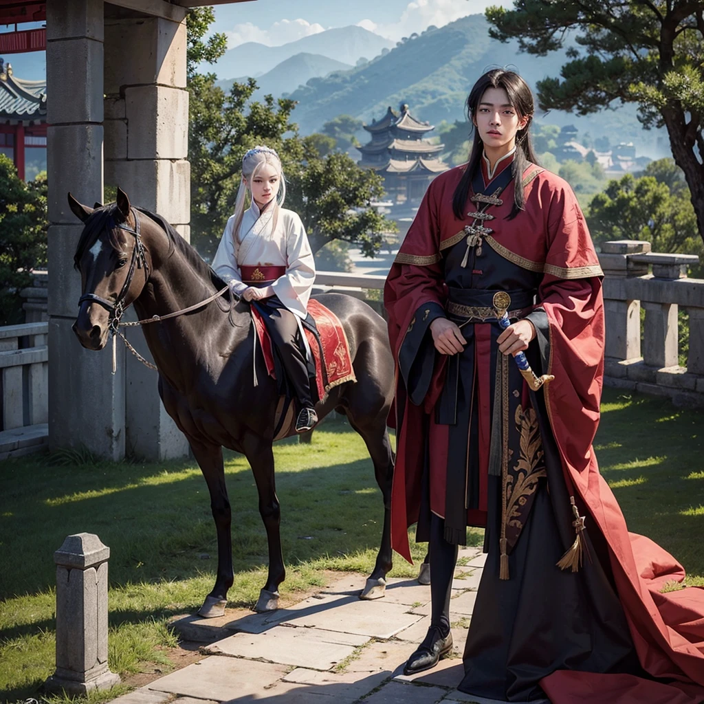 Scene in ancient chinese settings. A vast, open execution ground surrounded by towering walls and filled with courtiers, soldiers, and nobles watching with bated breath. In the center stands a  young and handsome commoner with pale skin and delicate features  is kneeling, his head resting tensely on a wooden block, while the executioner stands over him, sword raised high. 
