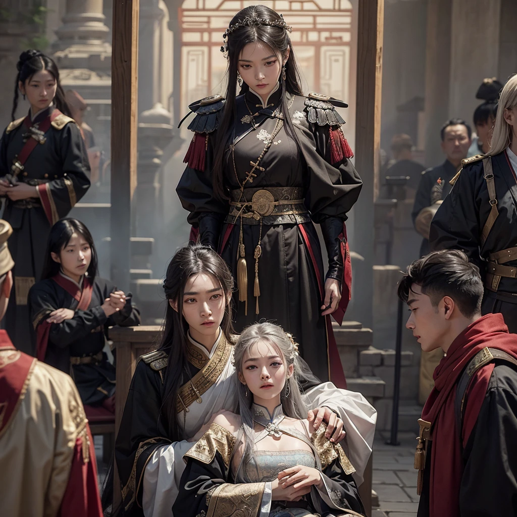 Scene in ancient chinese settings. A vast, open execution ground surrounded by towering walls and filled with courtiers, soldiers, and nobles watching with bated breath. In the center stands a young and handsome commoner with pale skin and delicate features is kneeling, his head resting tensely on a wooden block, while the executioner stands over him, sword raised high.